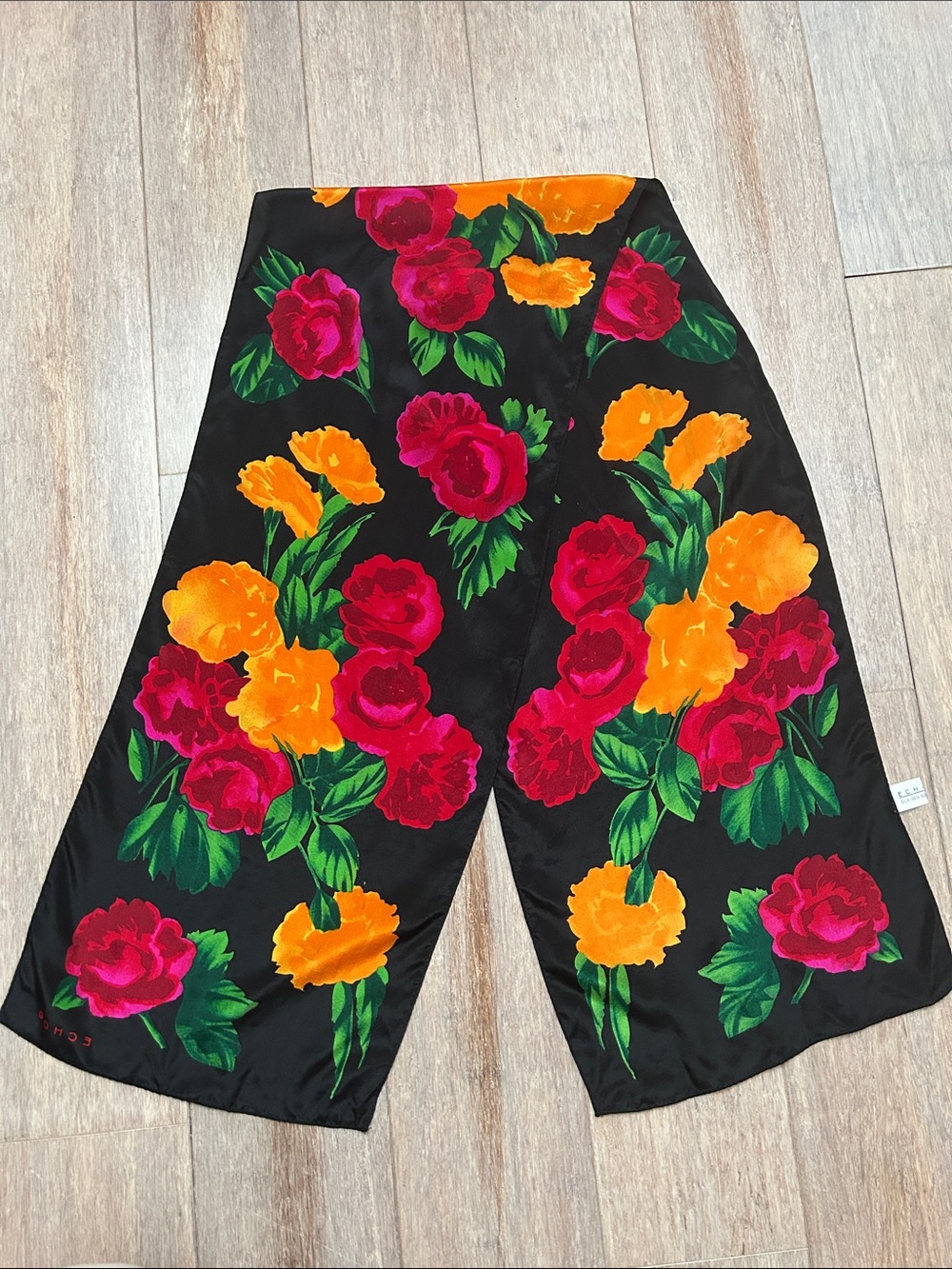 VTG Echo Silk Vibrant Floral Black Silk Scarf - Bold Pink & Orange Blooms rose